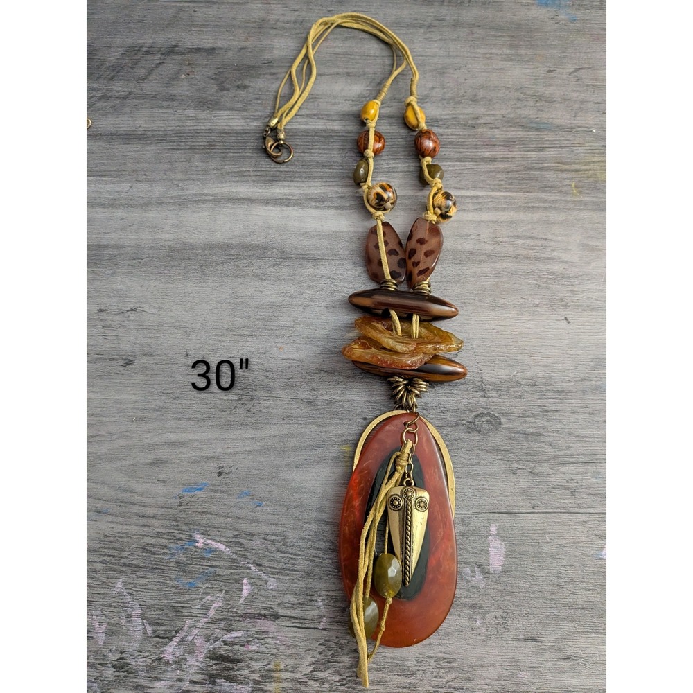 Boho Statement Necklace Resin Animal Print Beads Earthy Tones 30 Inch